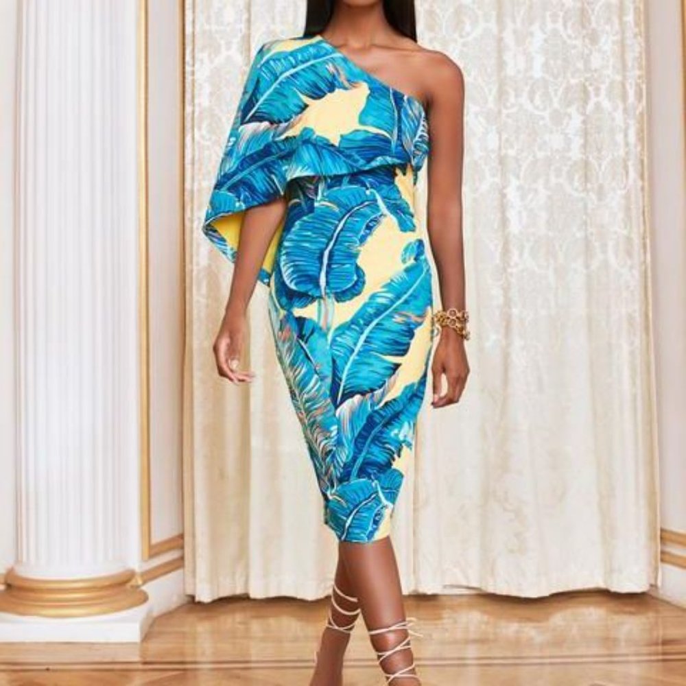 Lavish Alice - Palm Print One-shoulder Cape Sheath Dress In Yellow Palm Print